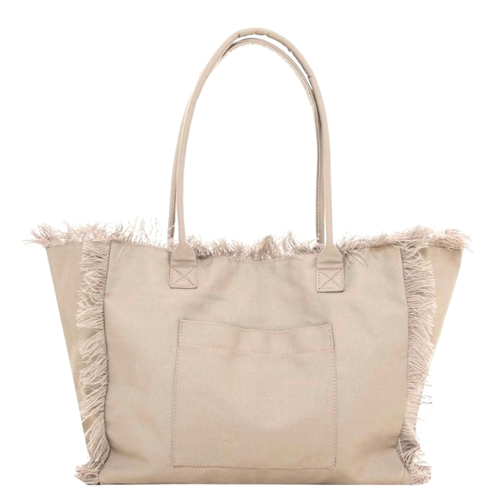 NiB Back From Bali Tote Bag Purse With Pockets Fringe 100% Cotton Beige